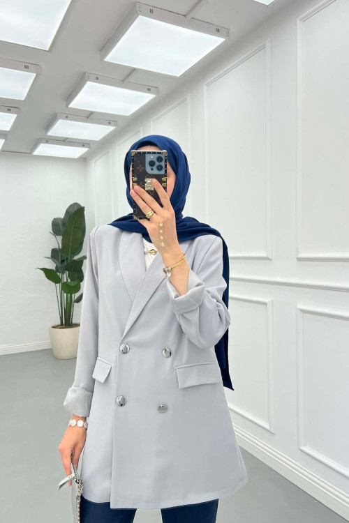 Sare Fashion Double Buttoned Lined Jacket Gray