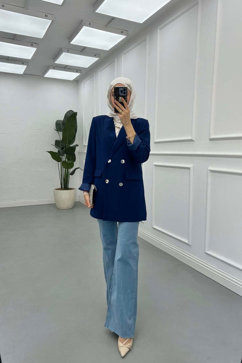 Sare Fashion Double Buttoned Lined Jacket Saxe Blue