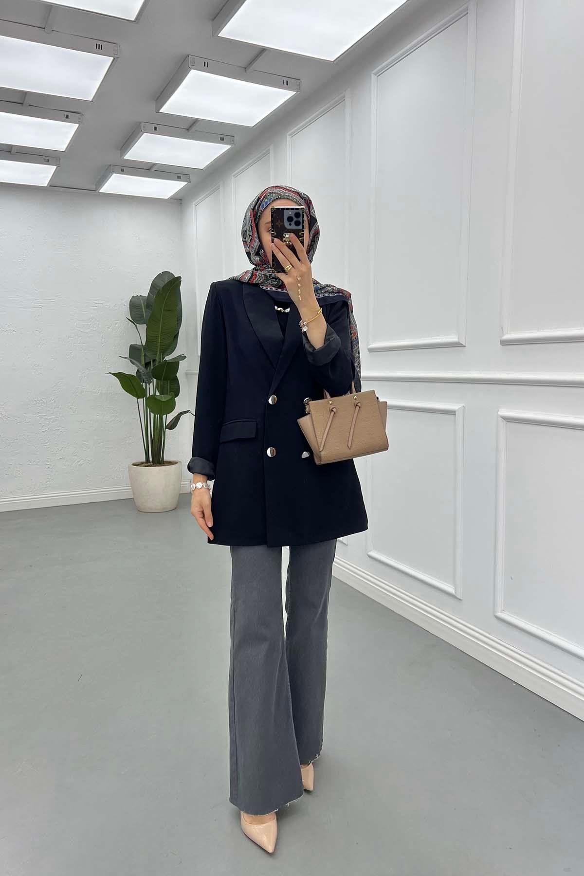 Sare Fashion Double Buttoned Lined Jacket Black