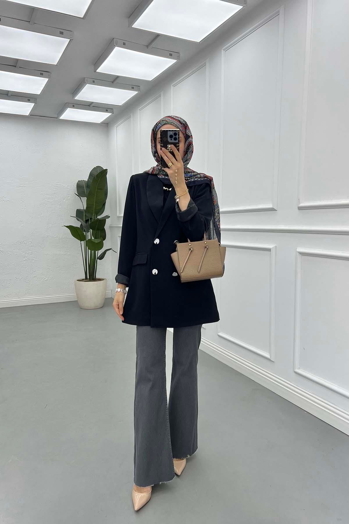 Sare Fashion Double Buttoned Lined Jacket Black