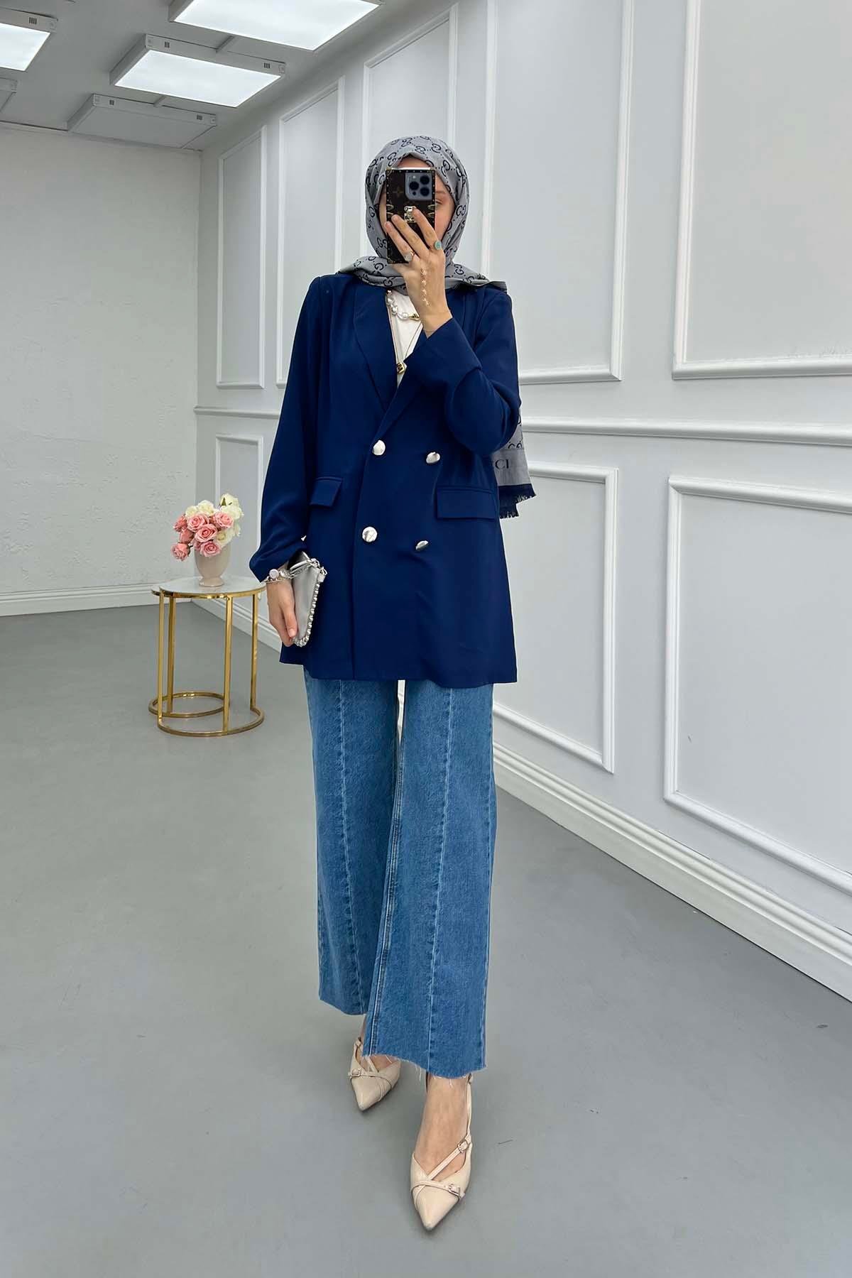 Sare Fashion Double Button Unlined Jacket Navy Blue
