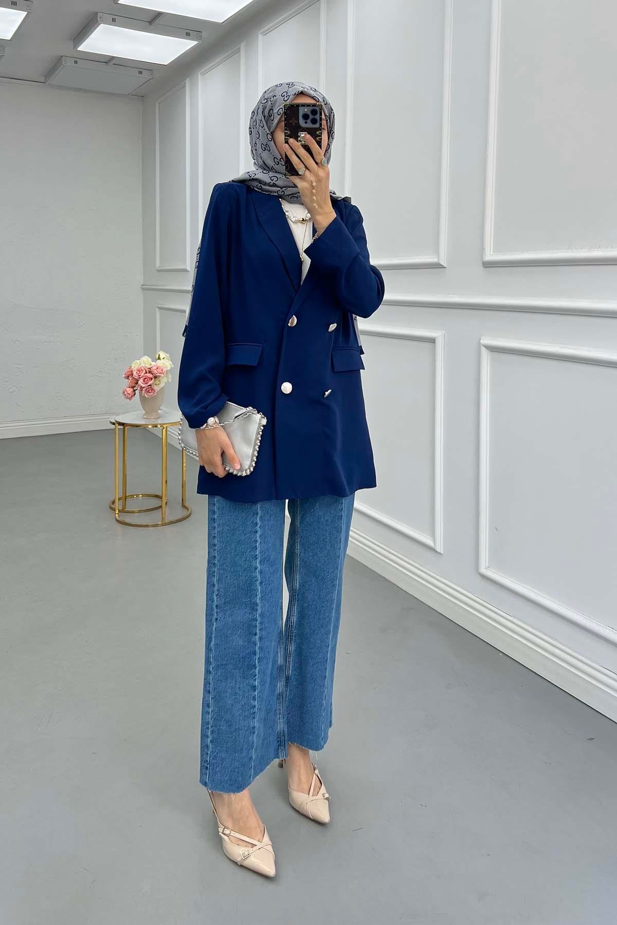 Sare Fashion Double Button Unlined Jacket Navy Blue