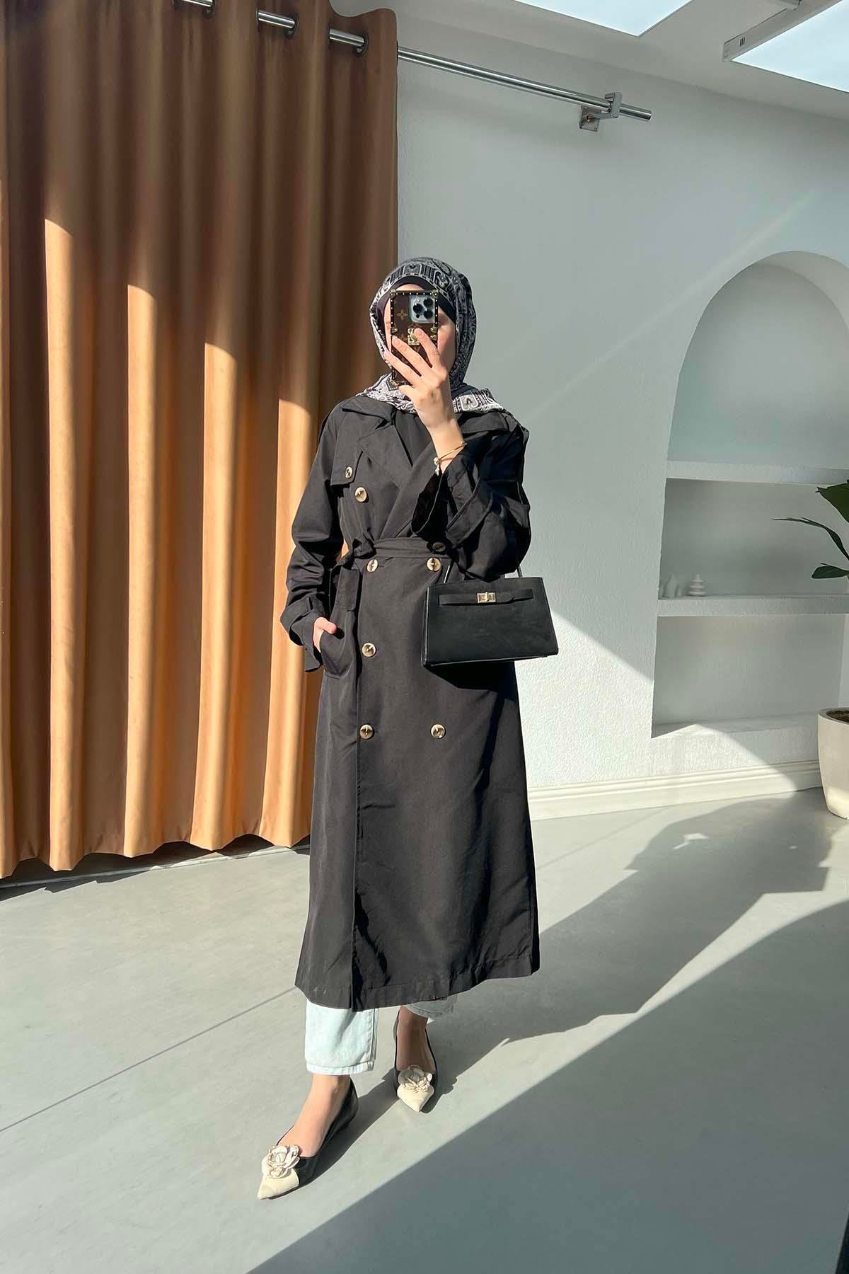 Sare Fashion Double Buttoned Trench Coat Black