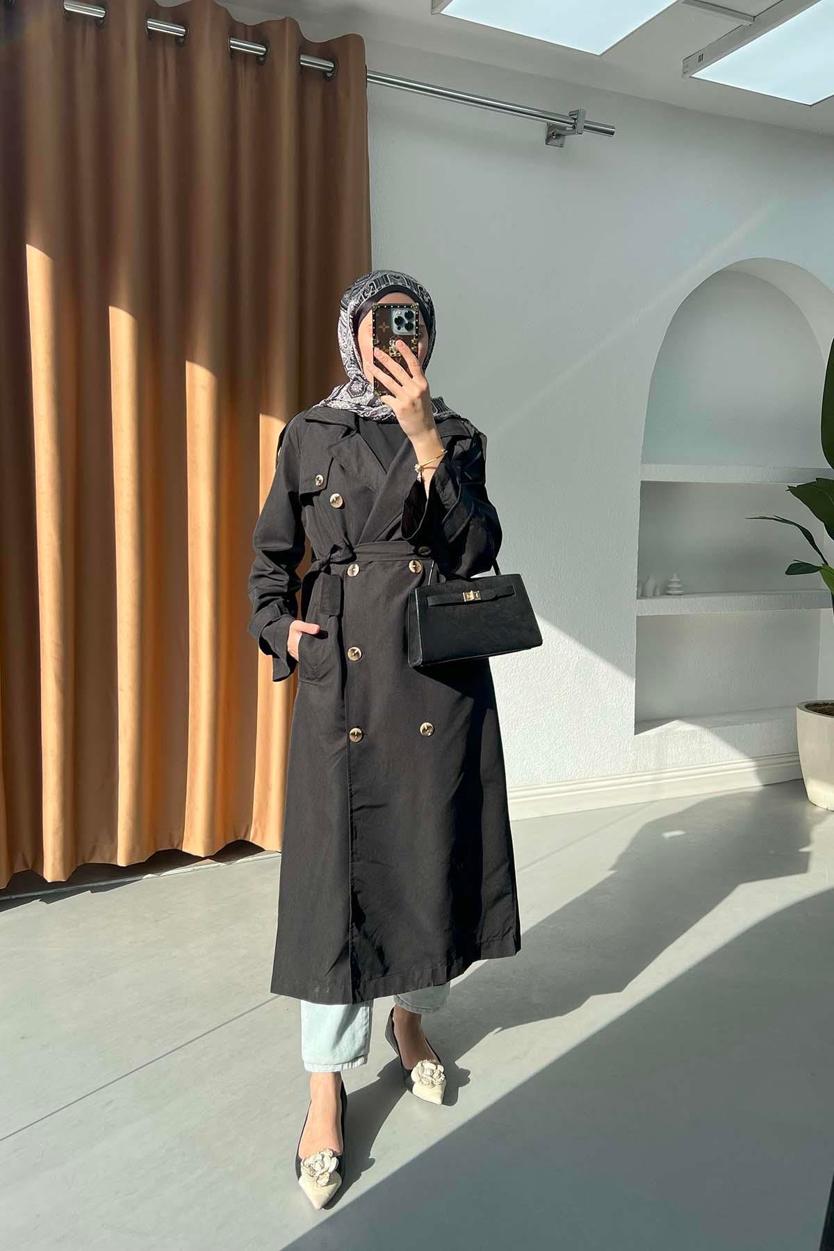 Sare Fashion Double Buttoned Trench Coat Black