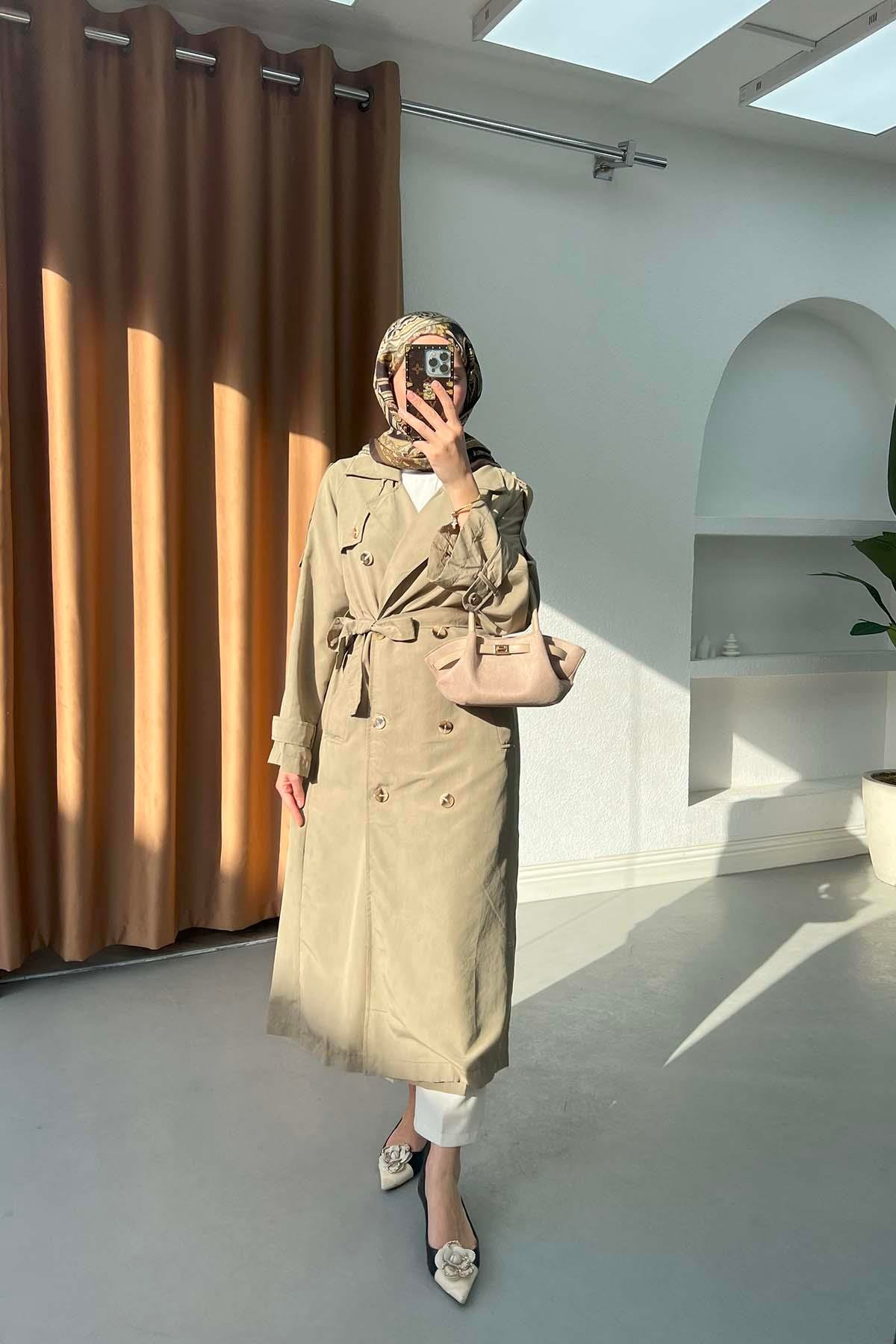 Sare Fashion Double Buttoned Trench Coat Mink