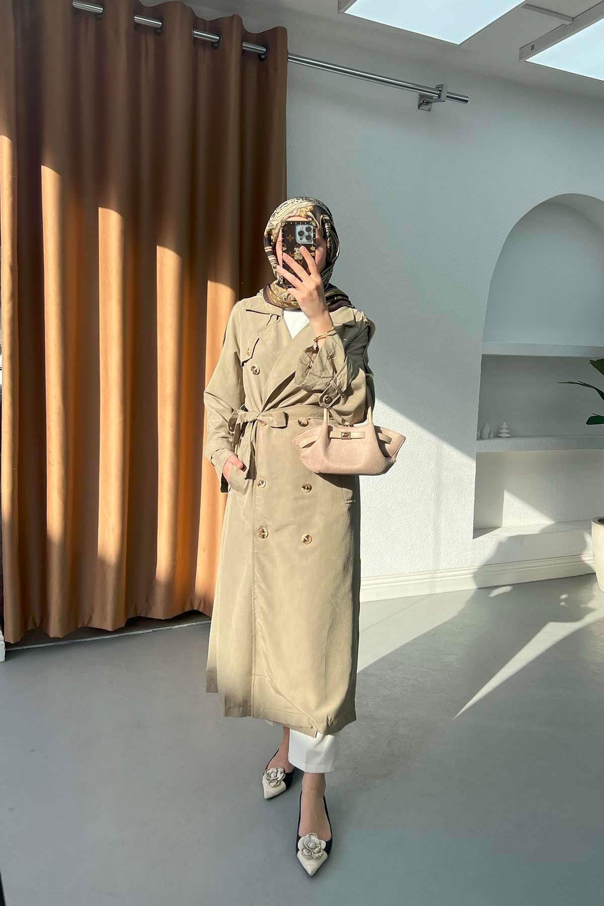 Sare Fashion Double Buttoned Trench Coat Mink