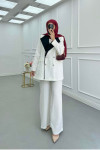 Sare Fashion Double Collar Striped Jacket Set White