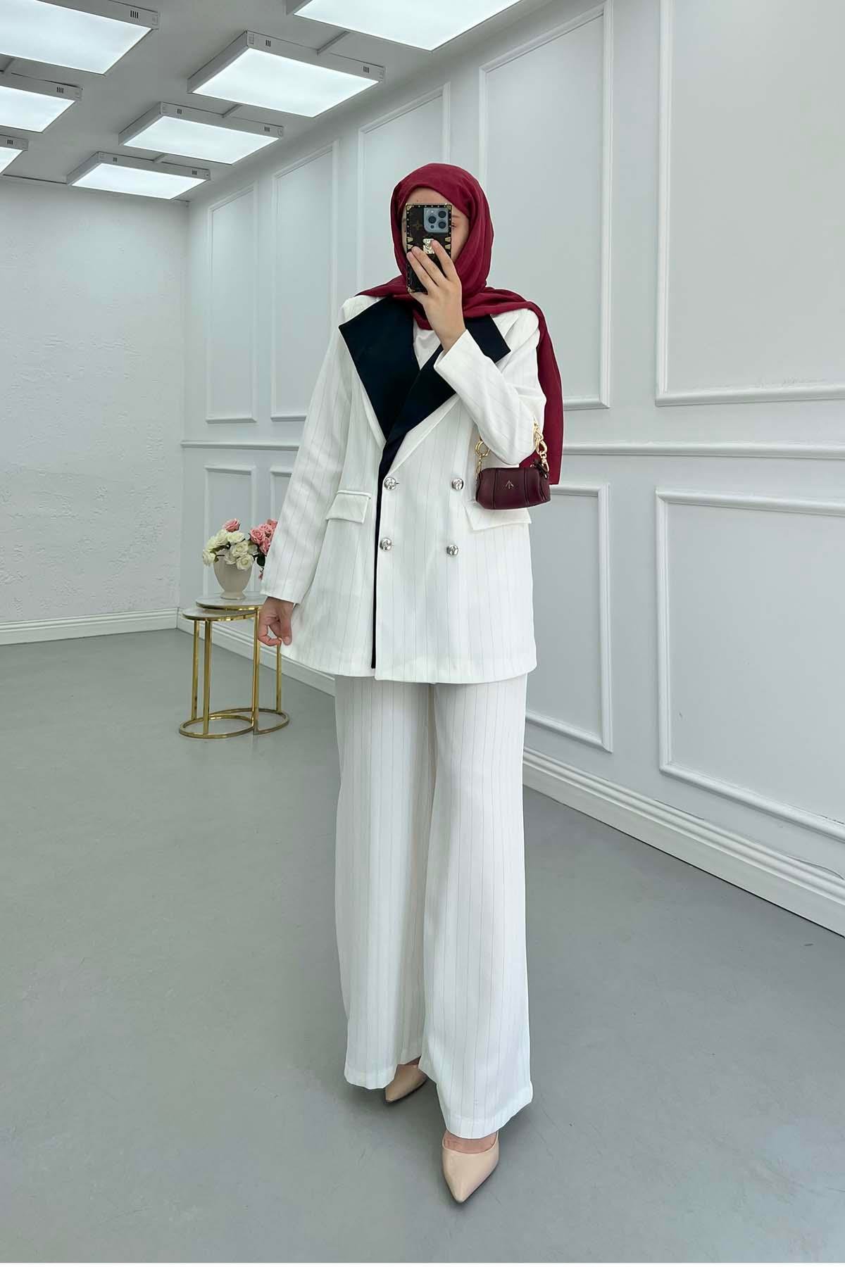 Sare Fashion Double Collar Striped Jacket Set White