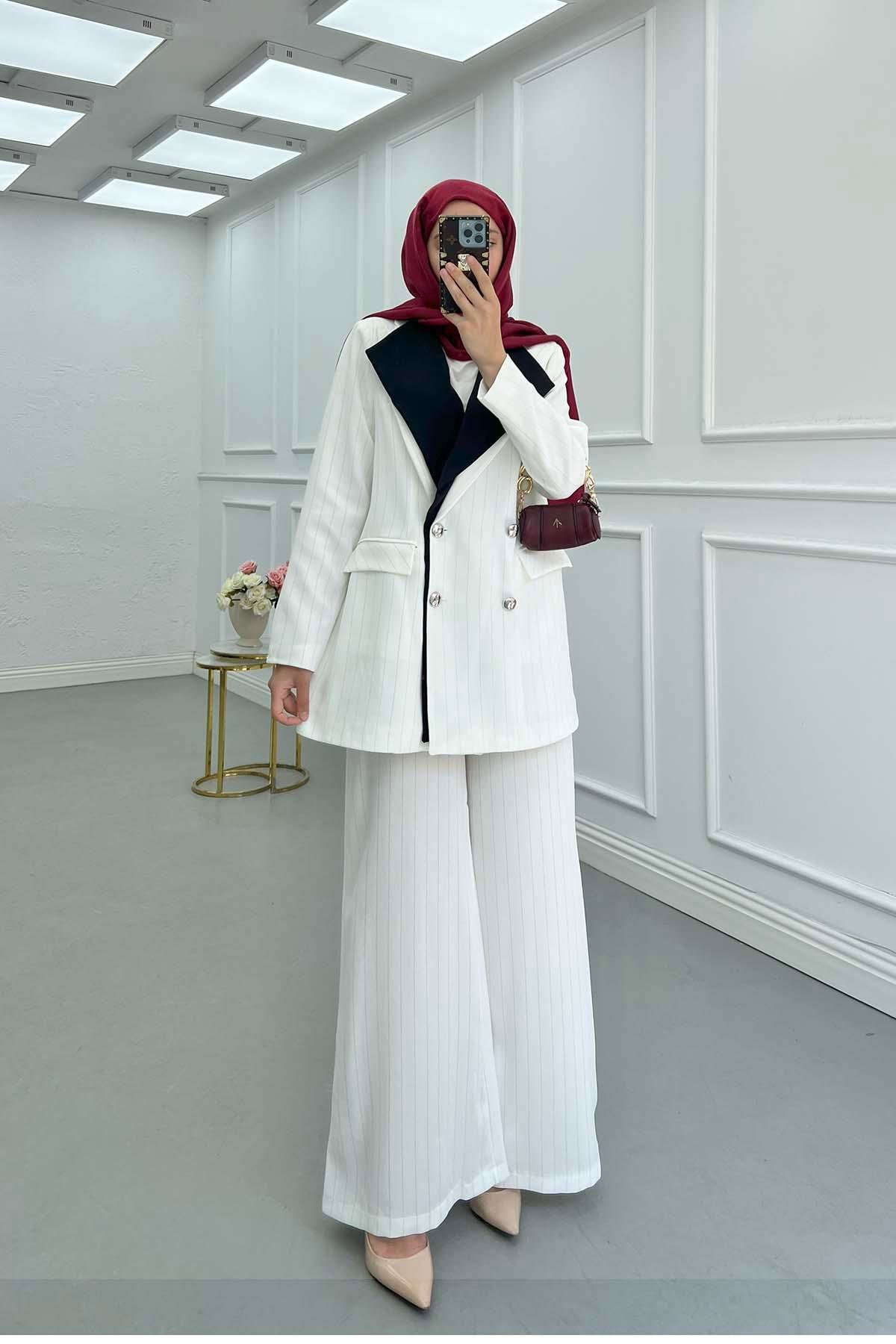 Sare Fashion Double Collar Striped Jacket Set White