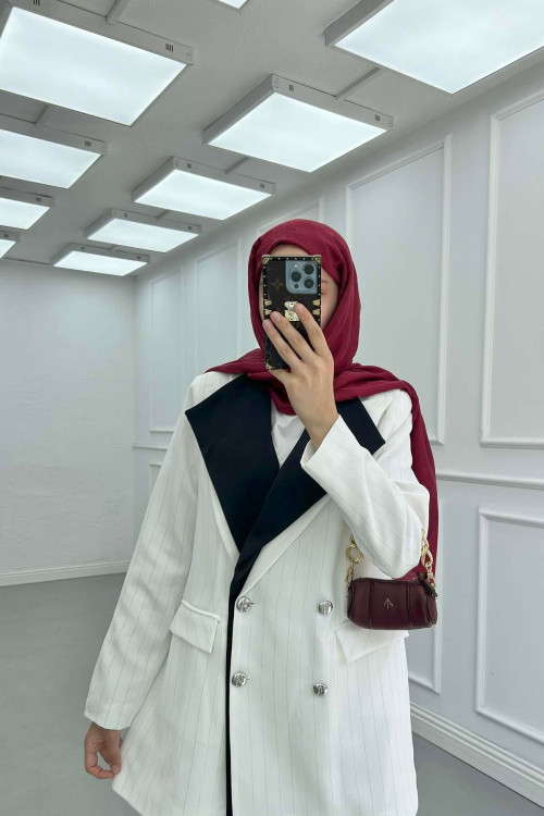 Sare Fashion Double Collar Striped Jacket Set White
