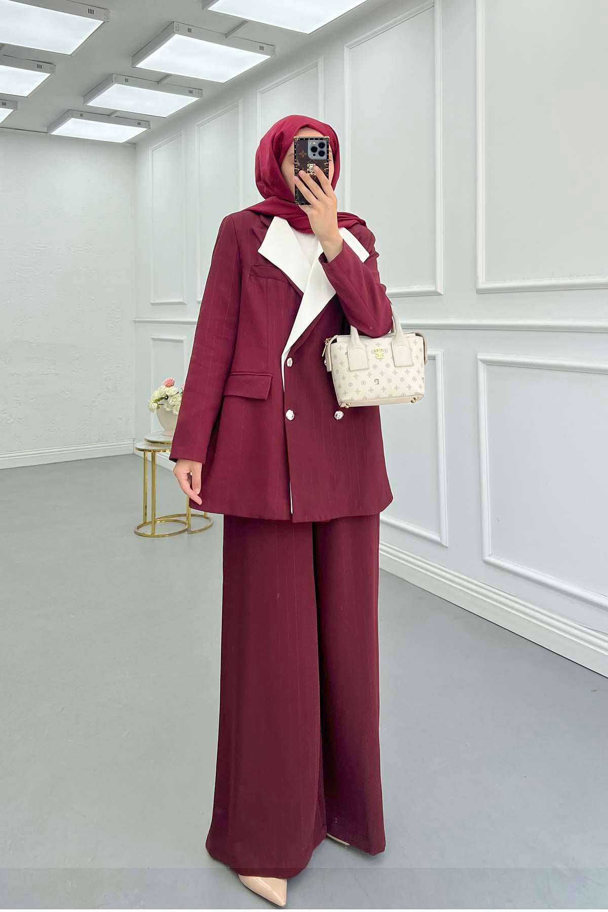 Sare Fashion Double Collar Striped Jacket Suit Claret Red