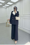 Sare Fashion Double Collar Striped Jacket Suit Navy Blue