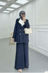 Sare Fashion Double Collar Striped Jacket Suit Navy Blue