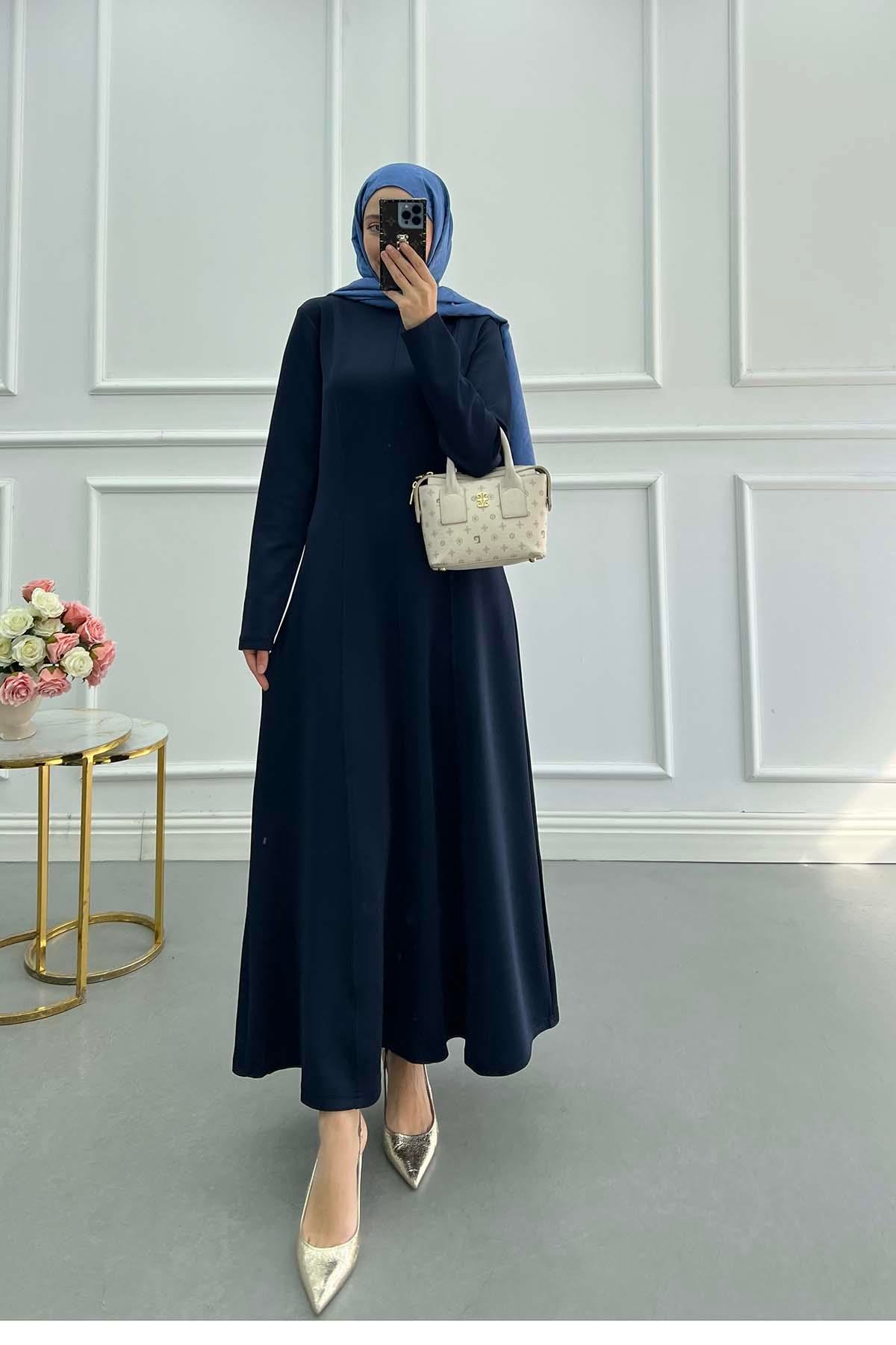 Sare Fashion Navy Blue Scuba Dress with Ribbon Sare Fashion Navy Blue Scuba Dress with Ribbon