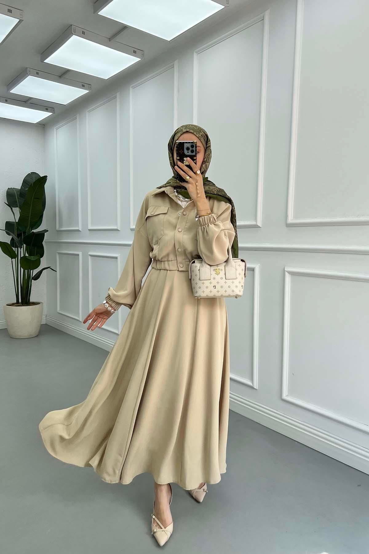Sare Fashion Snap Jacket Skirt Set Beige