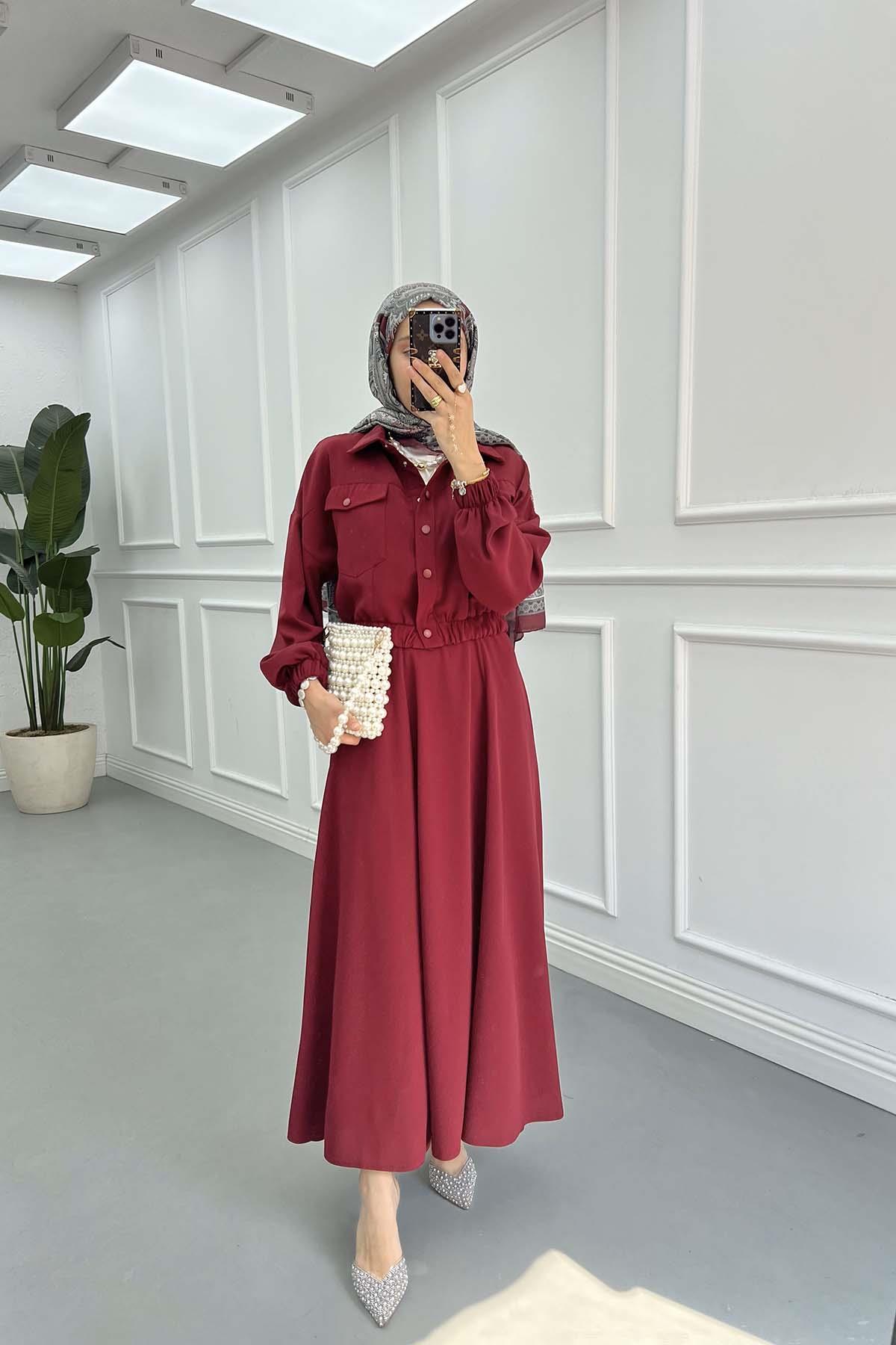 Sare Fashion Snap Jacket Skirt Suit Claret Red