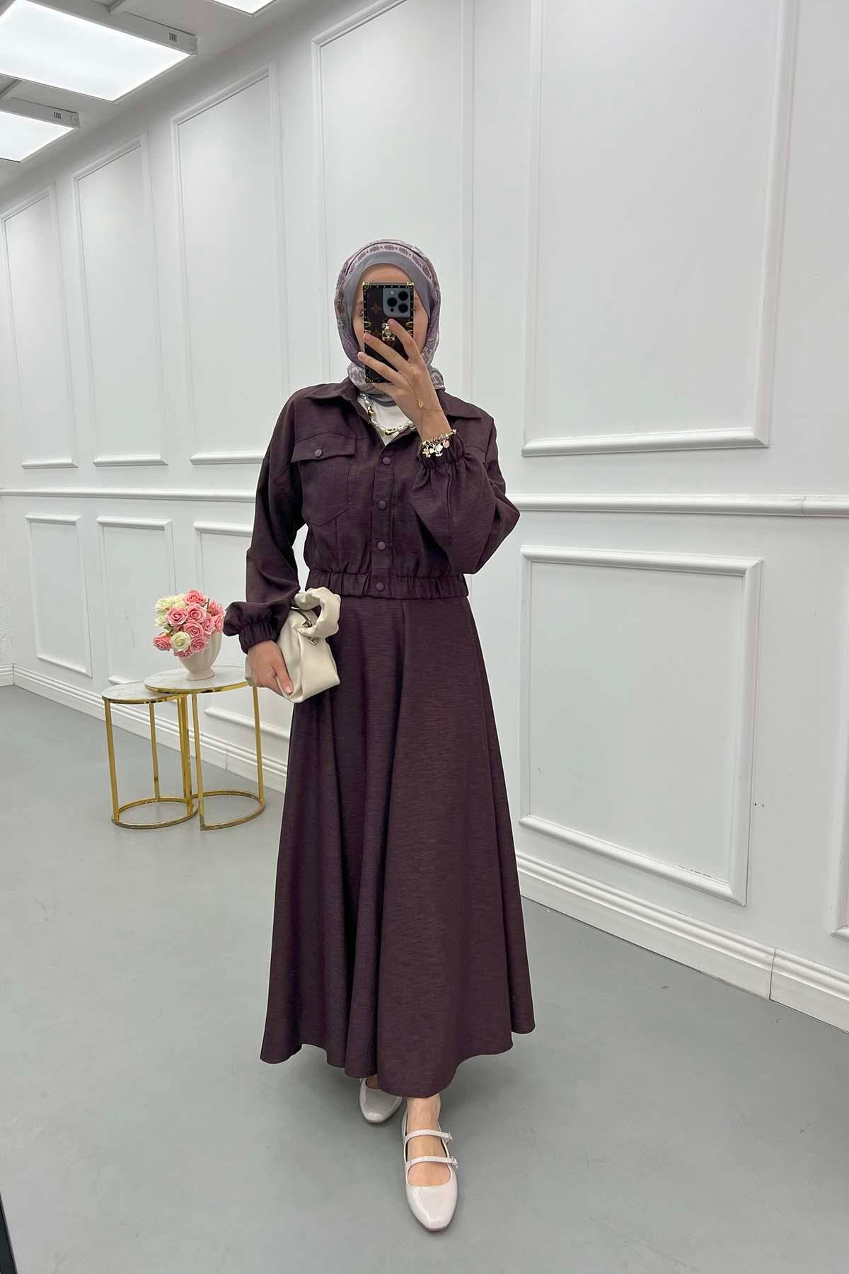 Sare Fashion Snap Jacket Skirt Set Plum