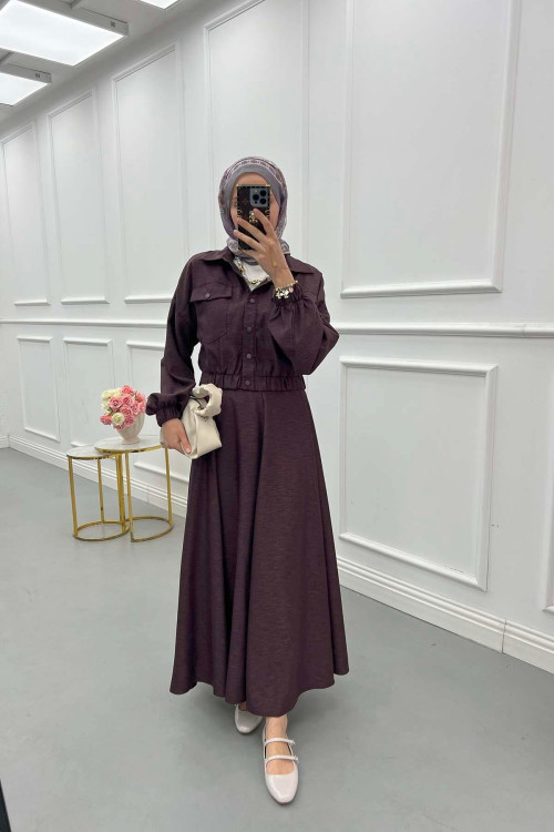 Sare Fashion Snap Jacket Skirt Set Plum