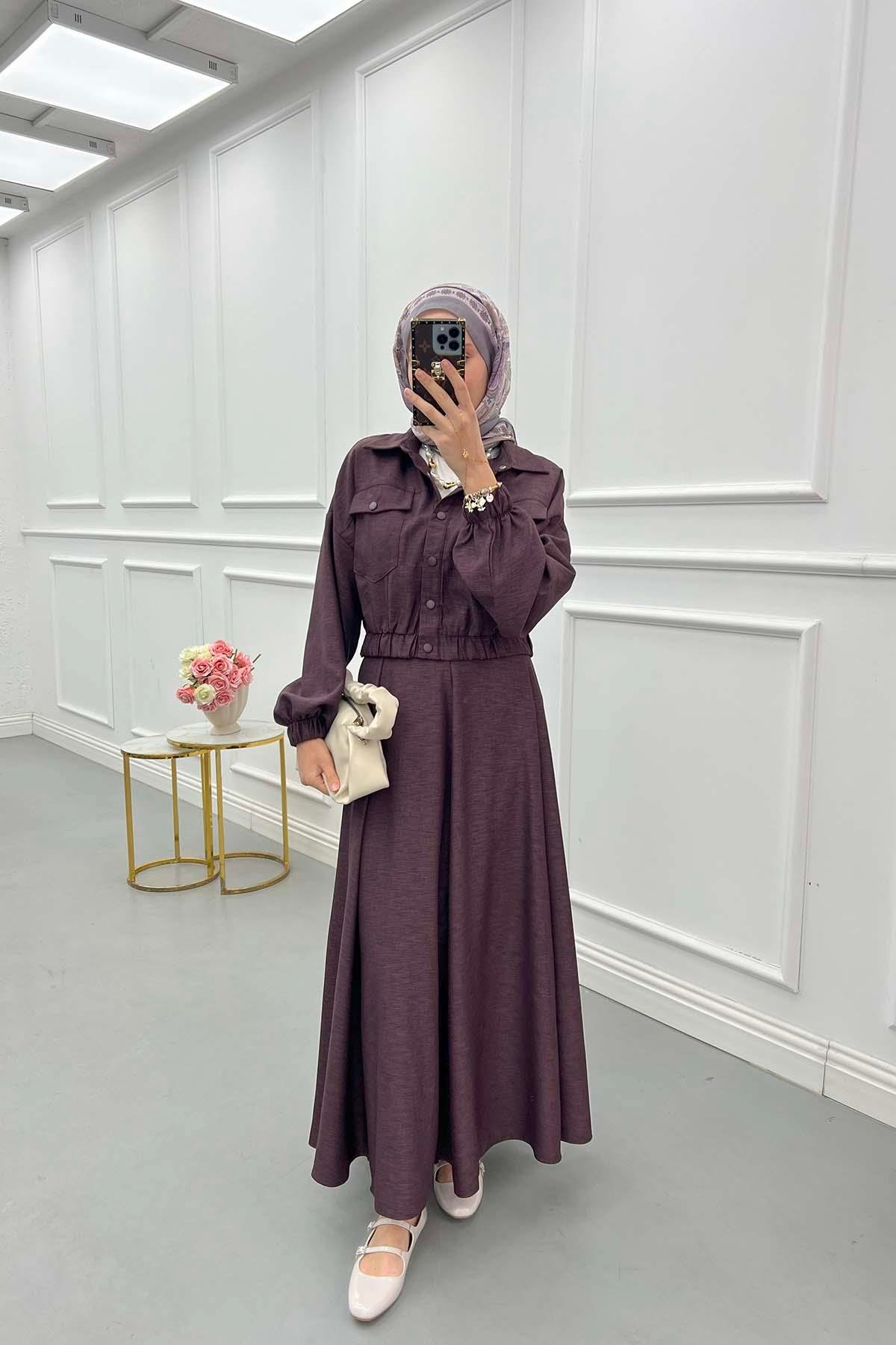 Sare Fashion Snap Jacket Skirt Set Plum
