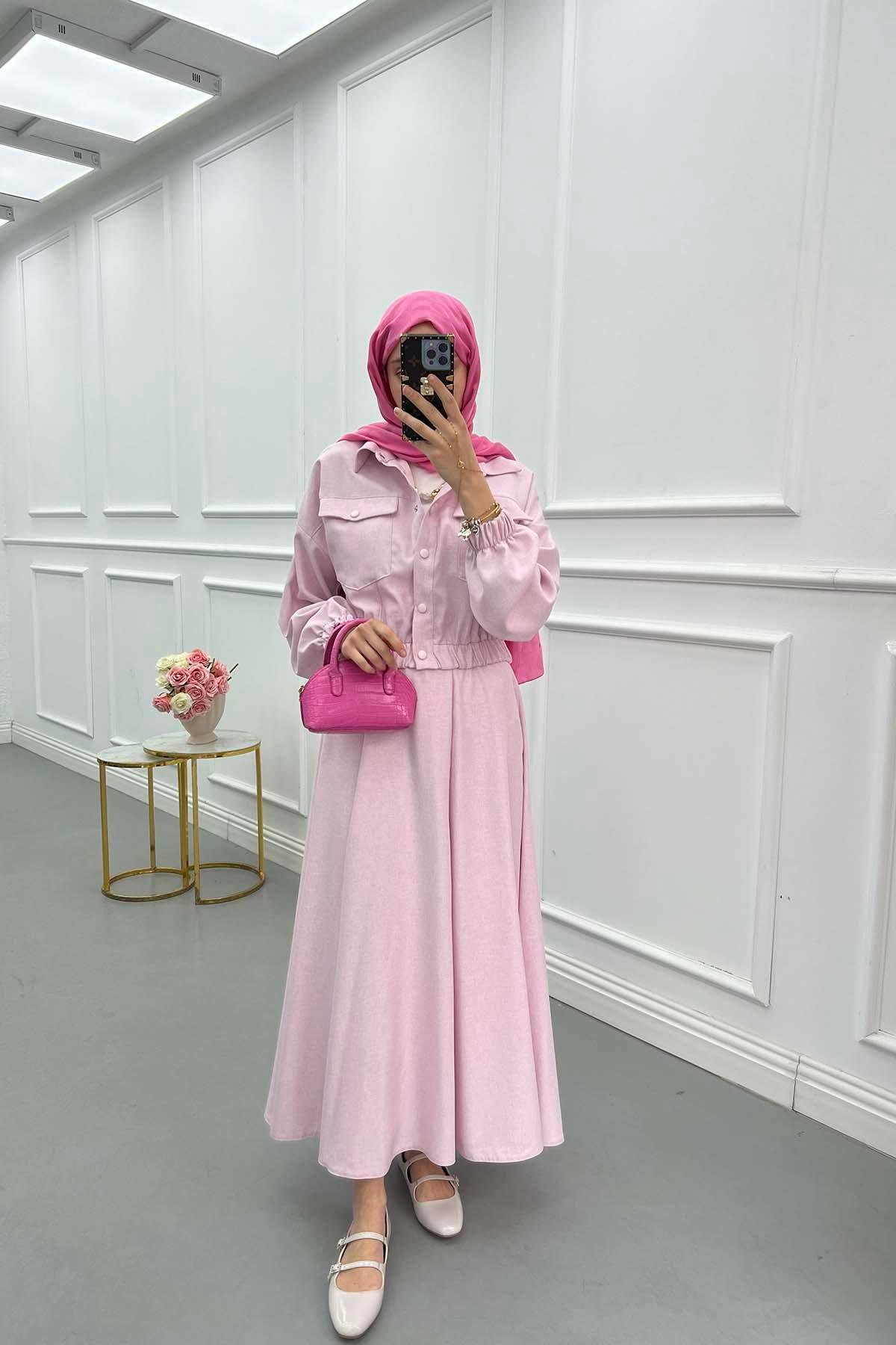 Sare Fashion Snap Jacket Skirt Set Pink