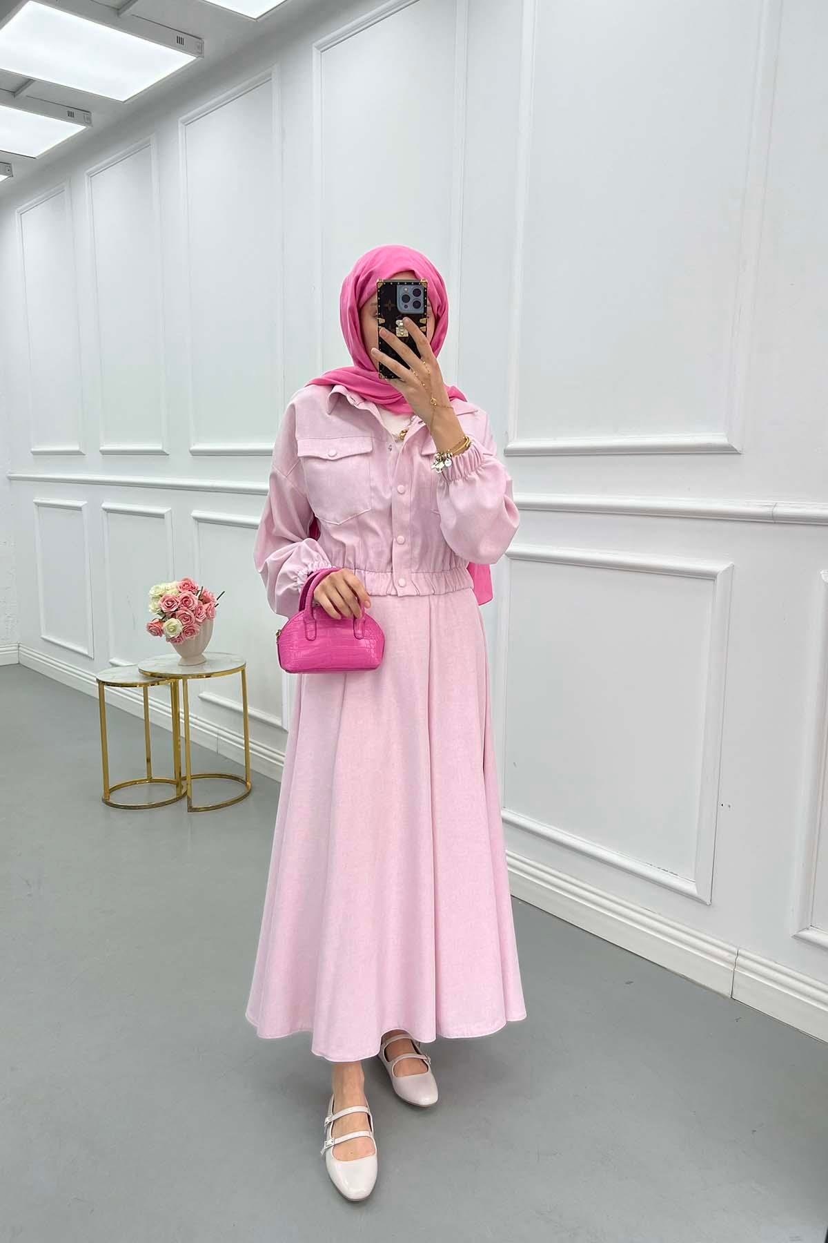 Sare Fashion Snap Jacket Skirt Set Pink