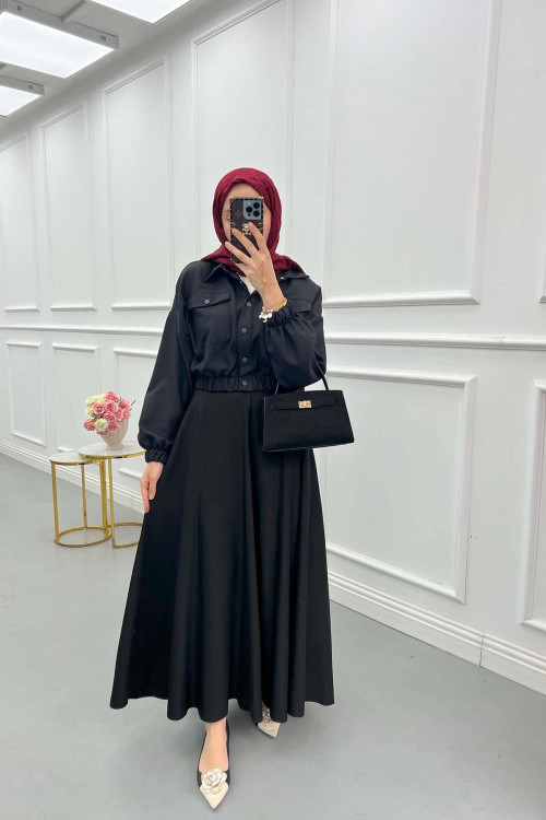 Sare Fashion Snap Jacket Skirt Suit Black