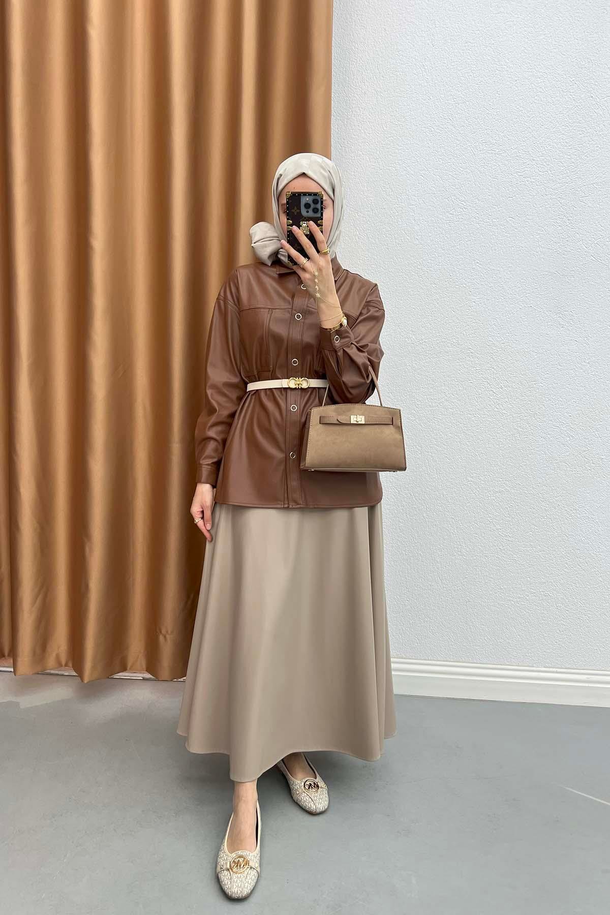 Snap-On Leather Shirt Brown