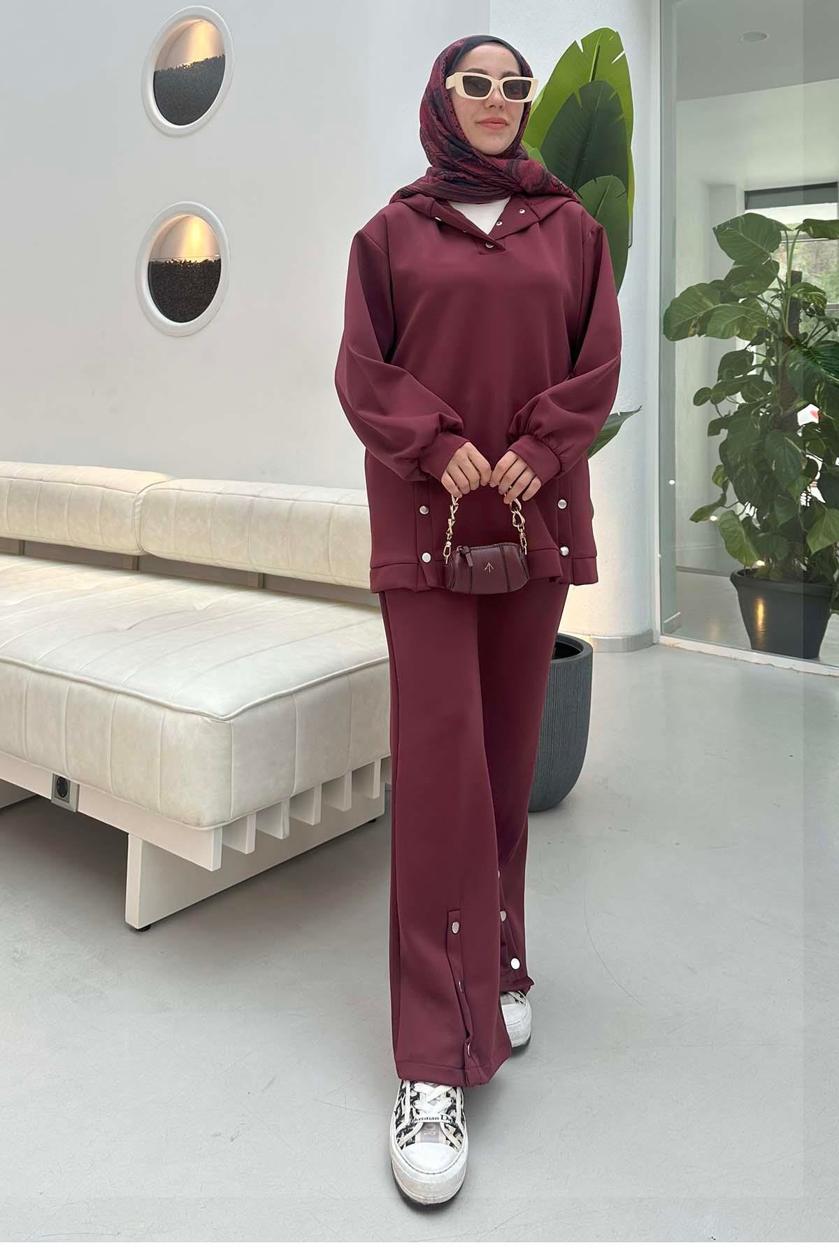 Sare Fashion Snap-On Hooded Scuba Suit Claret Red