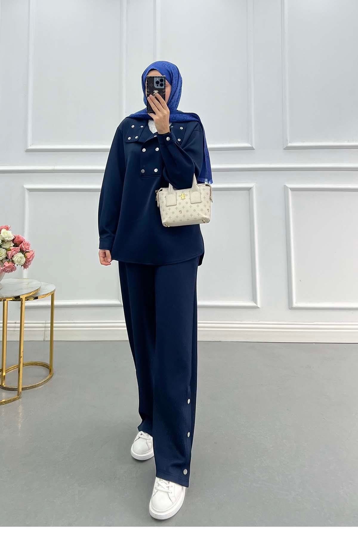 Sare Fashion Snap Scuba Suit Navy Blue