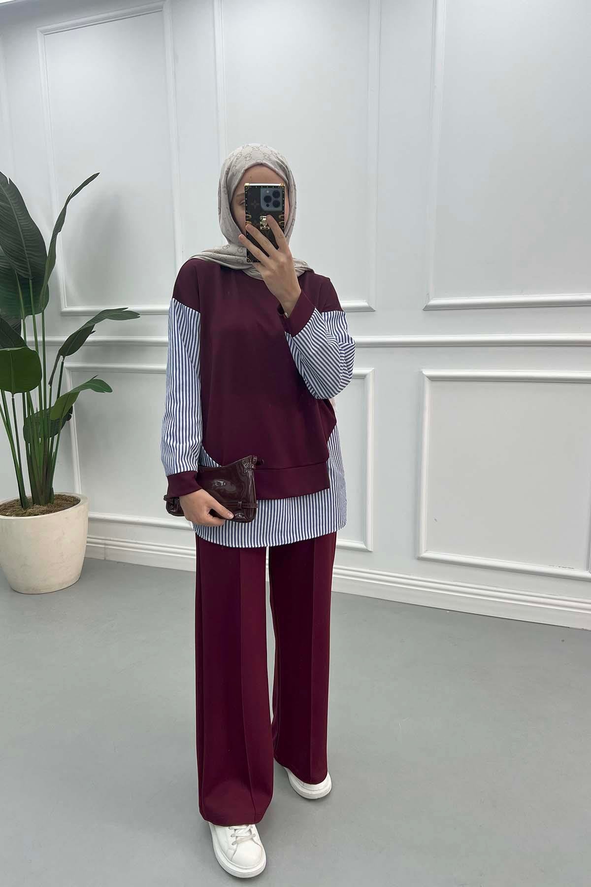 Stripe Detailed Tunic Claret Red