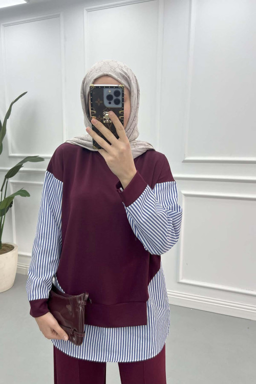 Stripe Detailed Tunic Claret Red
