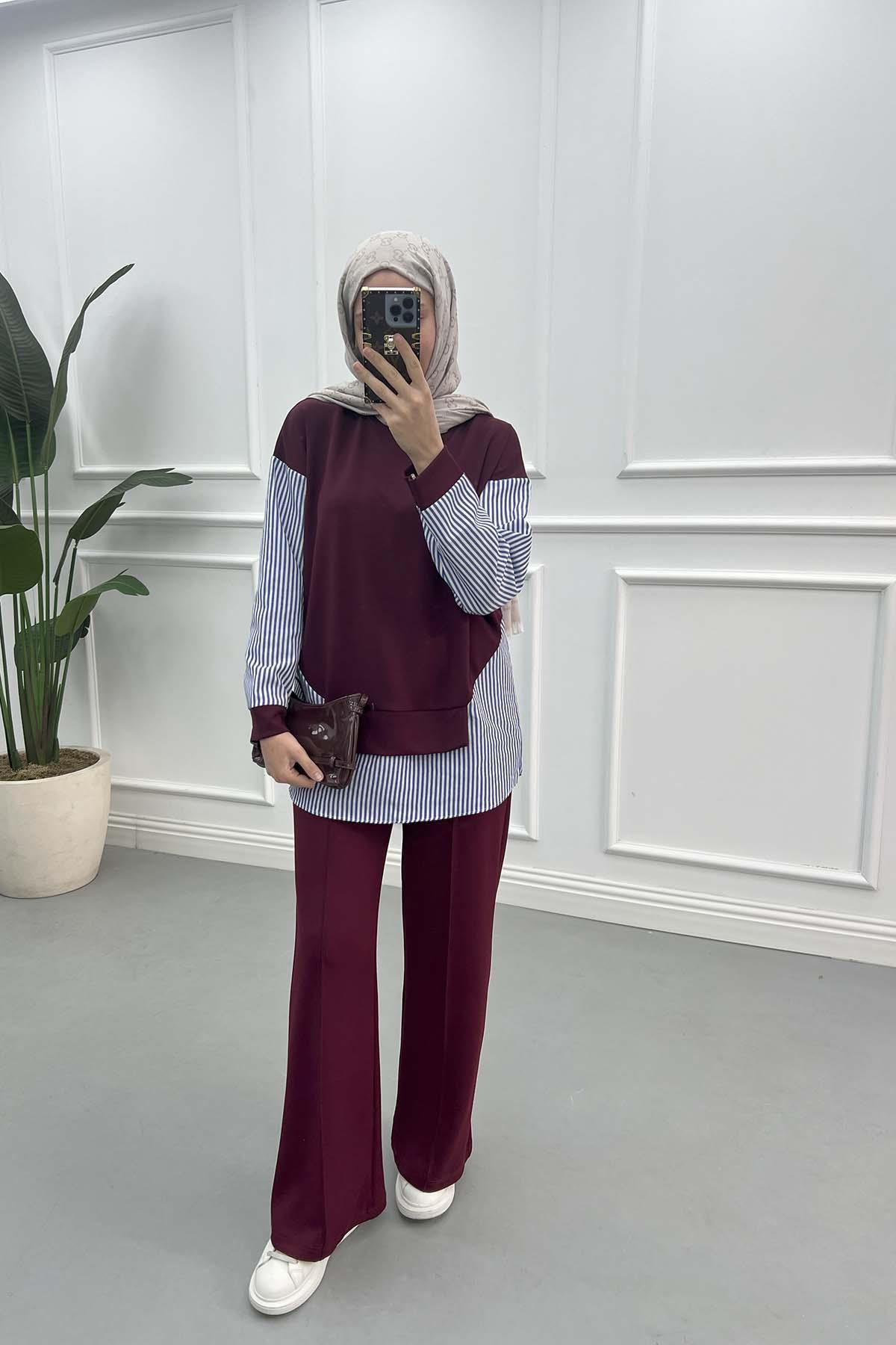 Stripe Detailed Tunic Claret Red