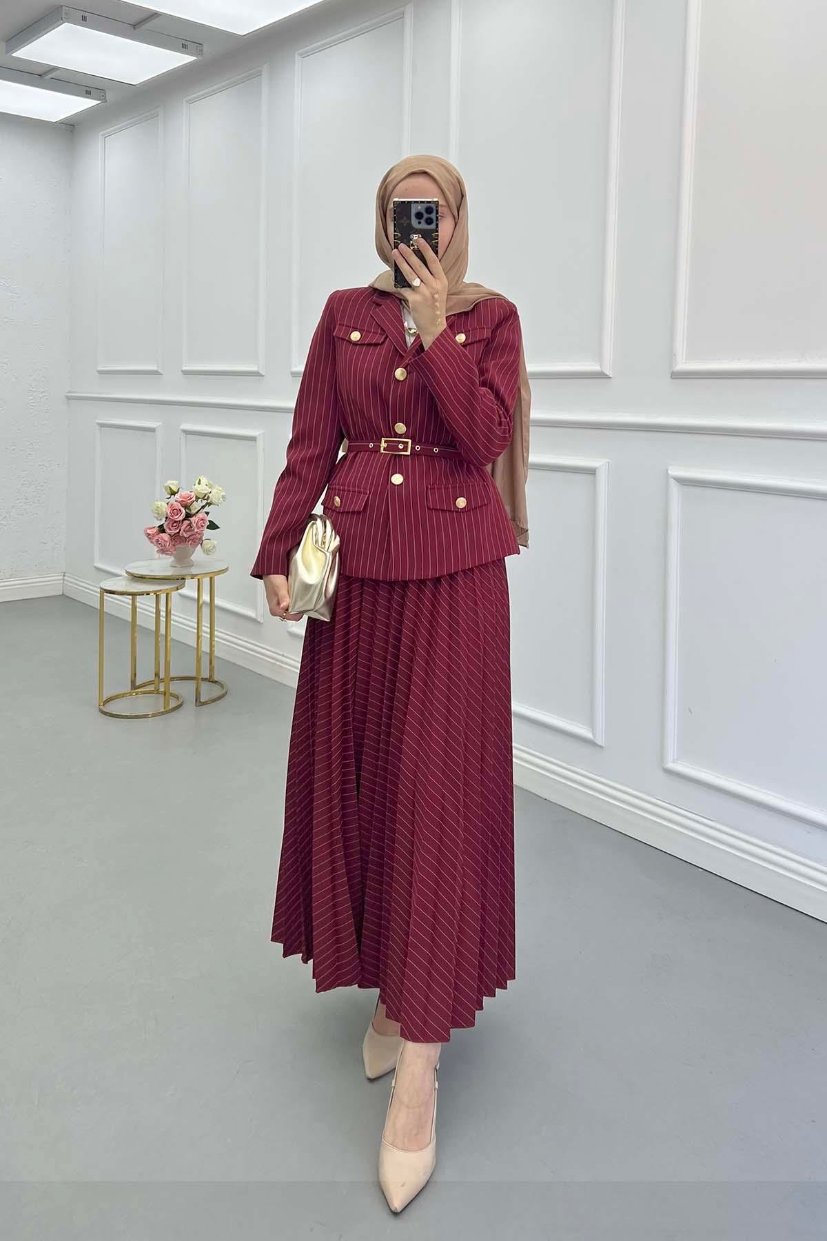 Sare Fashion Striped Lined Jacket Set Claret Red