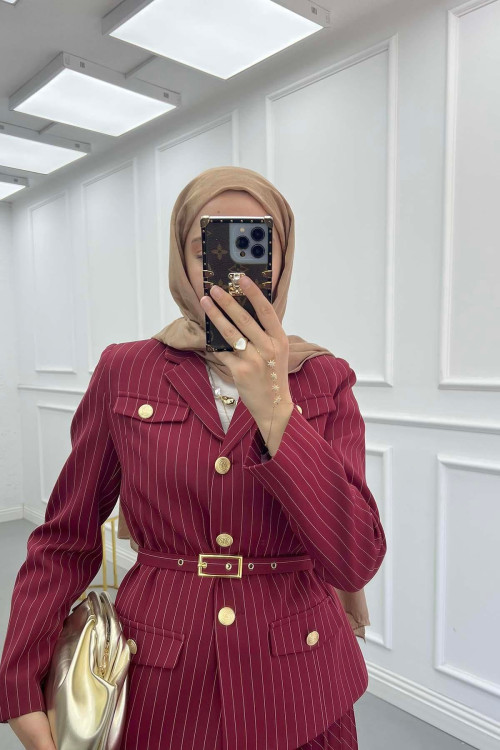 Sare Fashion Striped Lined Jacket Set Claret Red