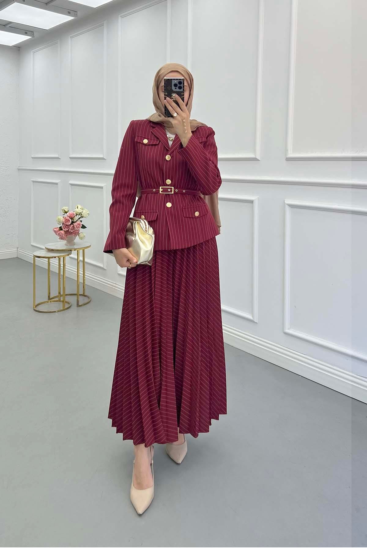 Sare Fashion Striped Lined Jacket Set Claret Red