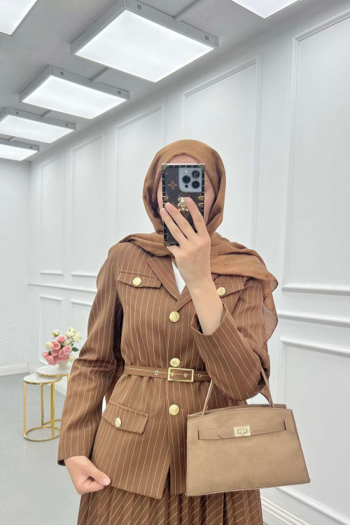 Sare Fashion Striped Lined Jacket Set Brown