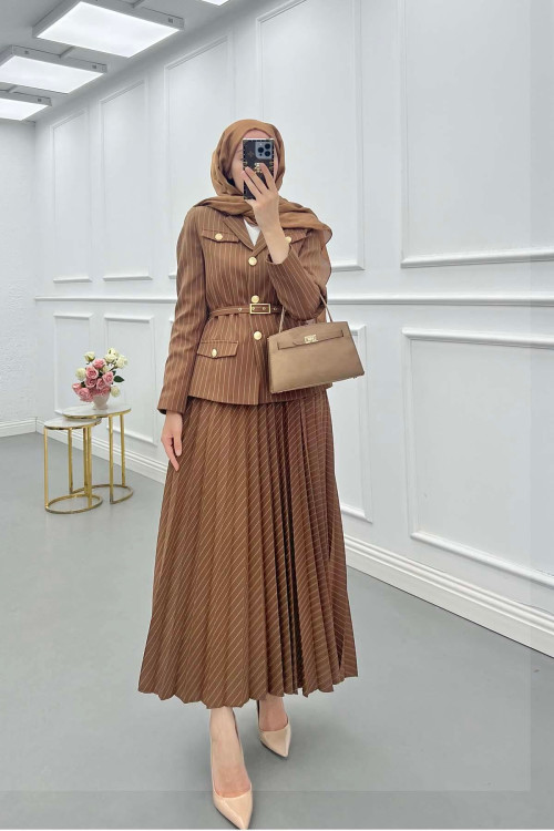 Sare Fashion Striped Lined Jacket Set Brown