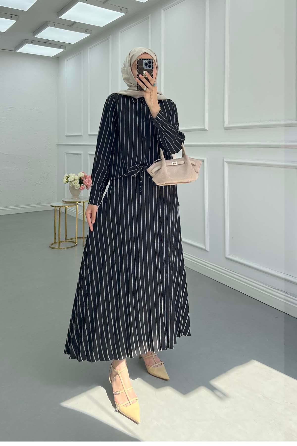 Sare Fashion Striped Tie-Down Shirt Set Black