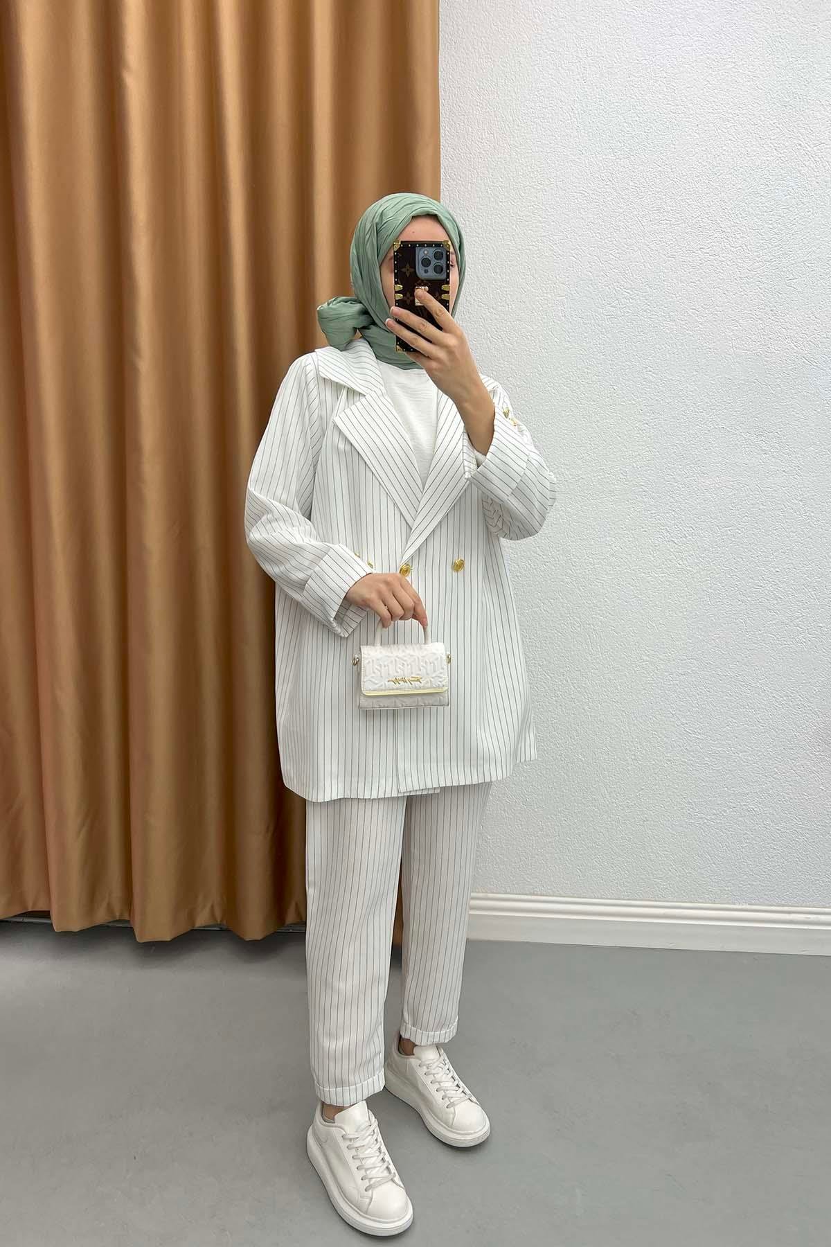 Striped Jacket Set White