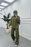 Sare Fashion Striped Shirt Pants Set Khaki
