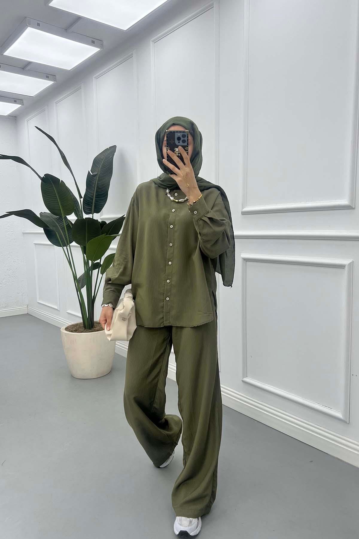 Sare Fashion Striped Shirt Pants Set Khaki