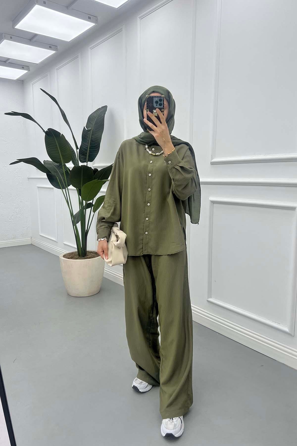 Sare Fashion Striped Shirt Pants Set Khaki