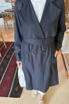 Sare Fashion Striped Belted Trench Coat Navy Blue