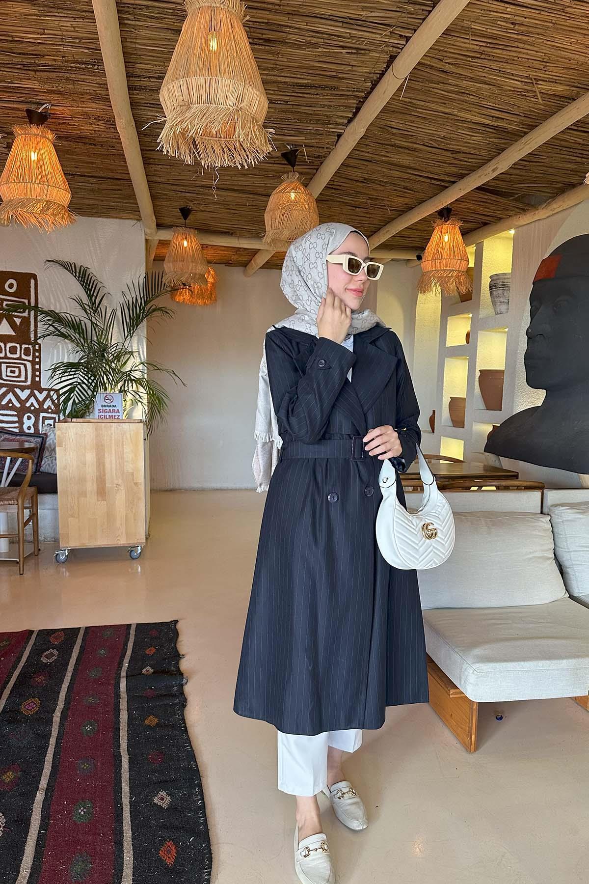 Sare Fashion Striped Belted Trench Coat Navy Blue