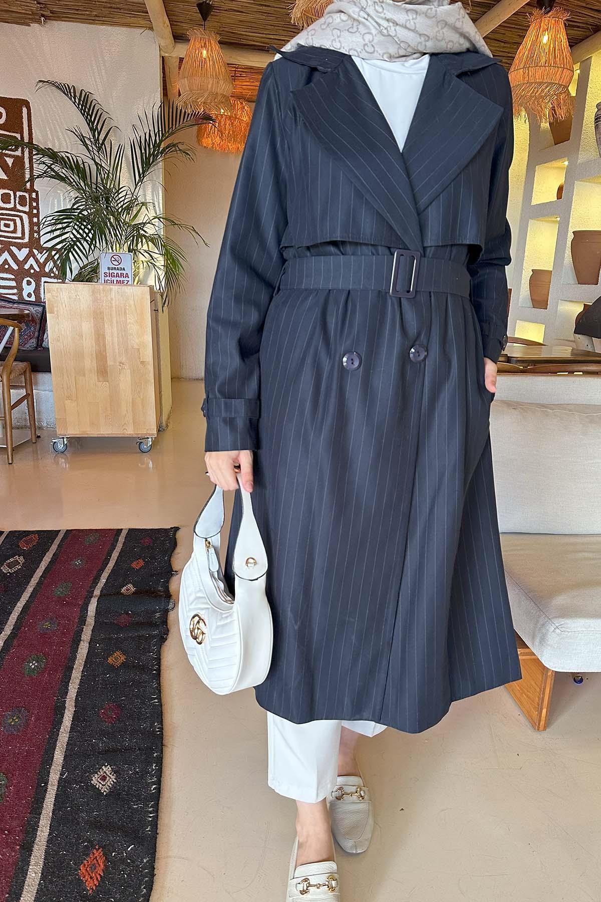 Sare Fashion Striped Belted Trench Coat Navy Blue