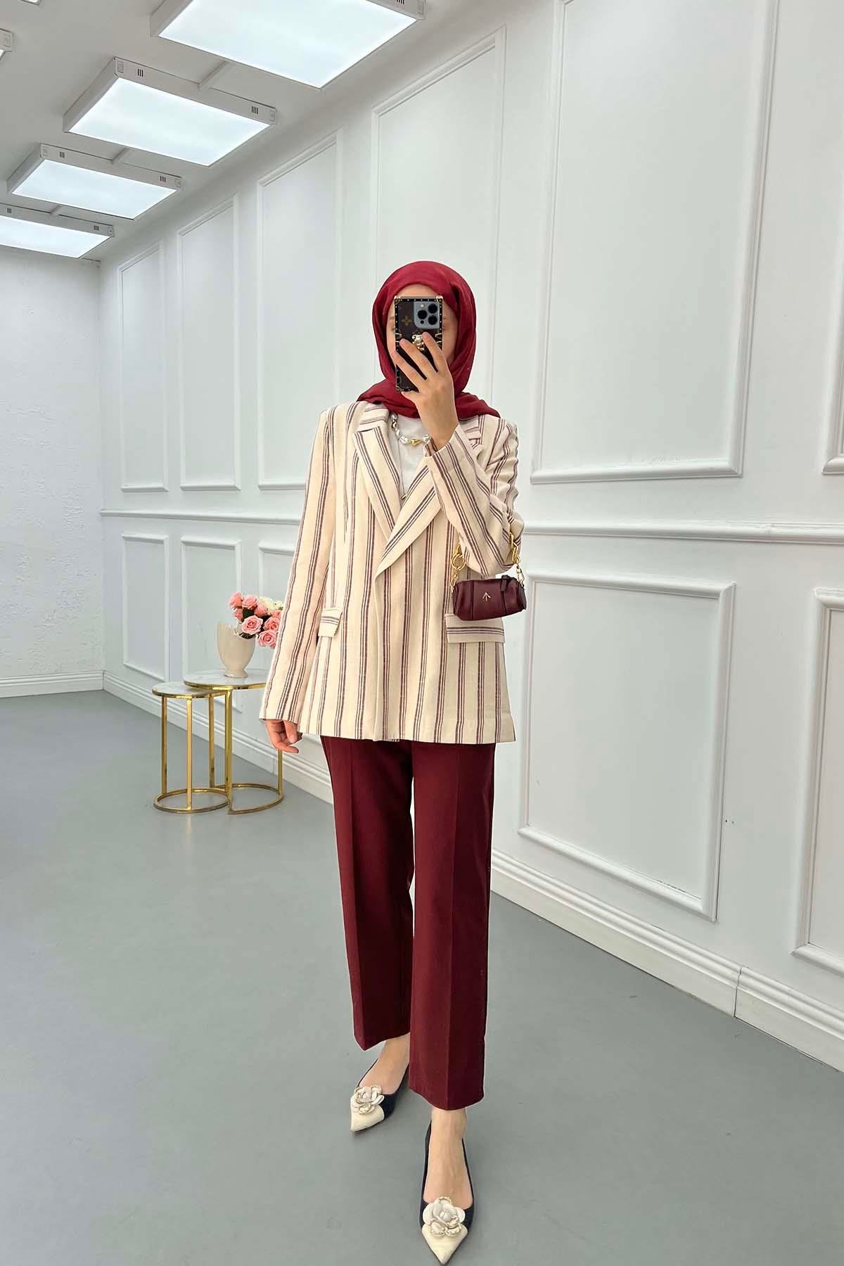 Sare Fashion Striped Linen Jacket Claret Red
