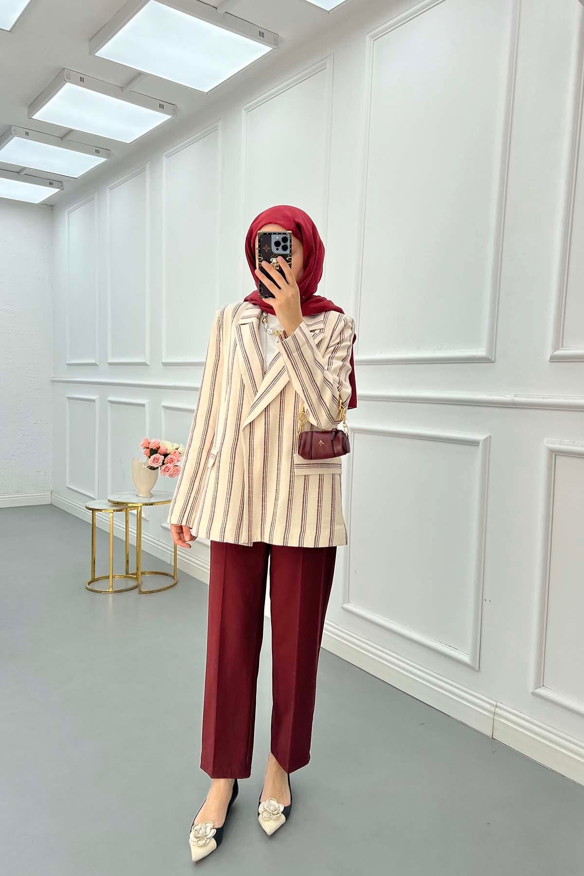 Sare Fashion Striped Linen Jacket Claret Red