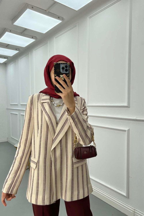 Sare Fashion Striped Linen Jacket Claret Red