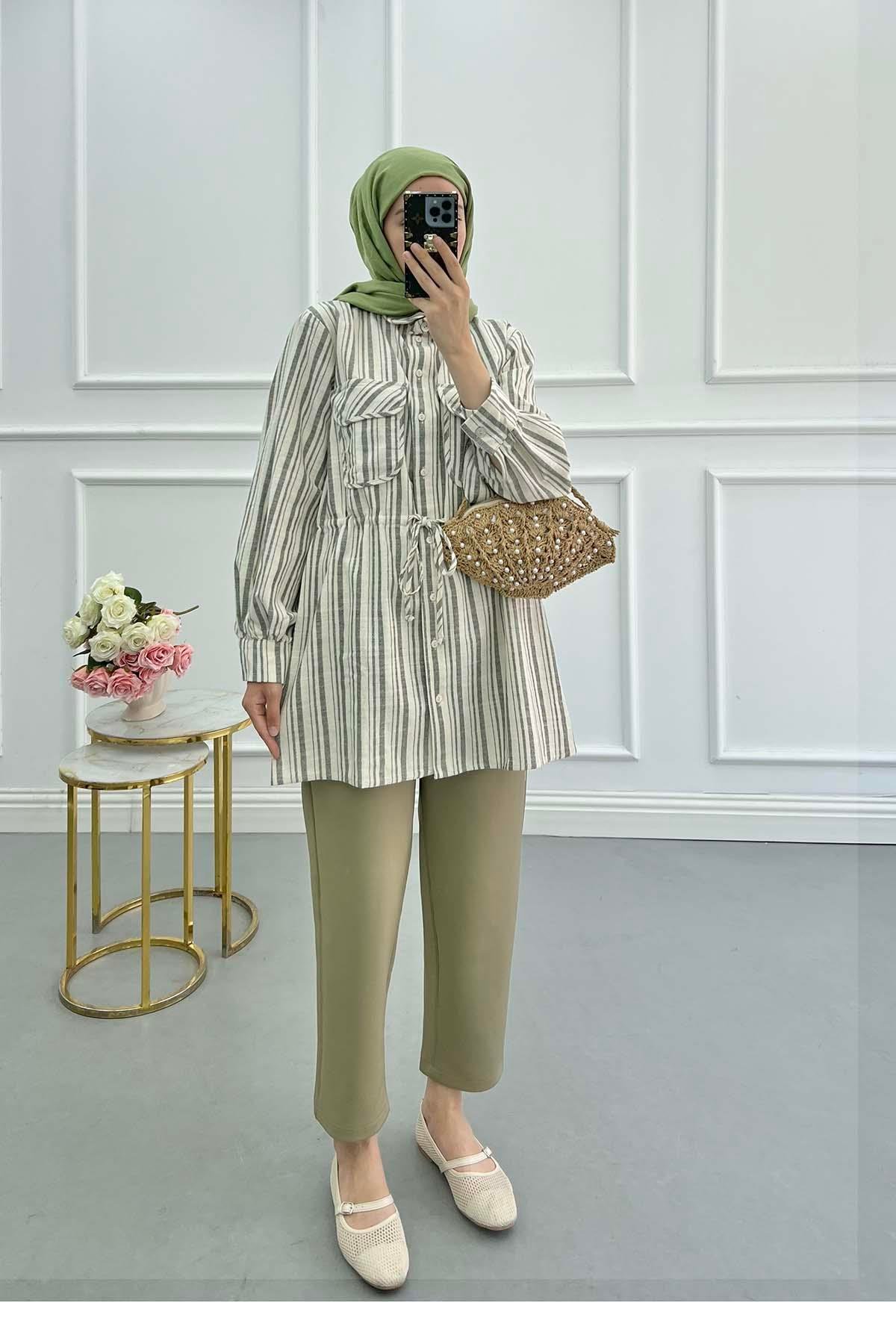 Sare Fashion Striped Linen Jacket Khaki