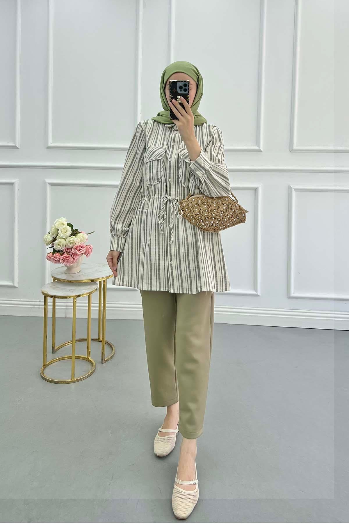 Sare Fashion Striped Linen Jacket Khaki